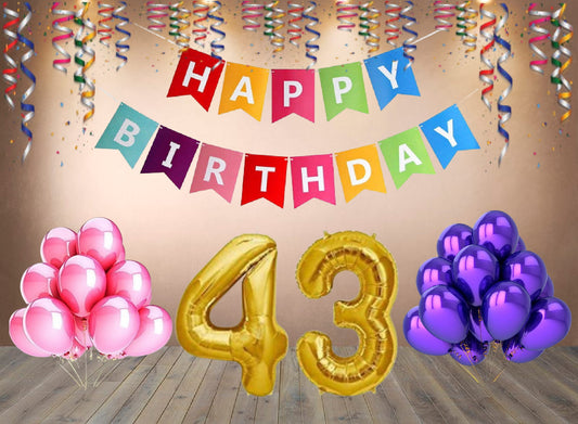 Number 43  Gold Foil Balloon and 25 Nos Pink and Purple Color Latex Balloon and Happy Birthday Banner Combo