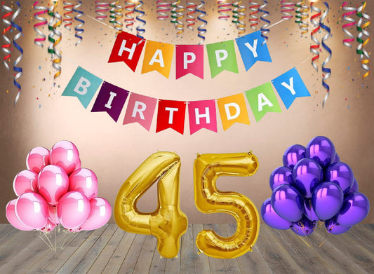 Number  45 Gold Foil Balloon and 25 Nos Pink and Purple Color Latex Balloon and Happy Birthday Banner Combo
