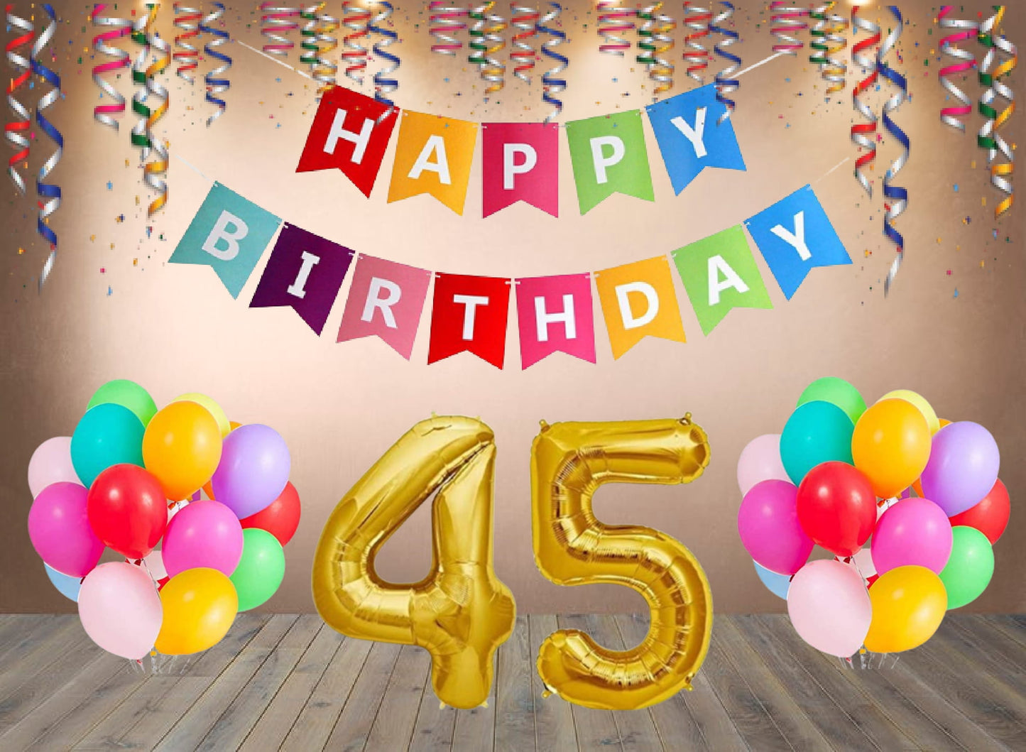 Number 45   Gold Foil Balloon and 25 Nos Multicolor Color Latex Balloon and Happy Birthday Banner Combo
