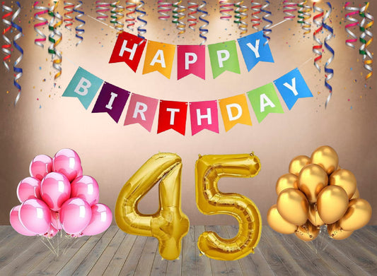 Number 45 Gold Foil Balloon and 25 Nos Pink and Gold Color Latex Balloon and Happy Birthday Banner Combo