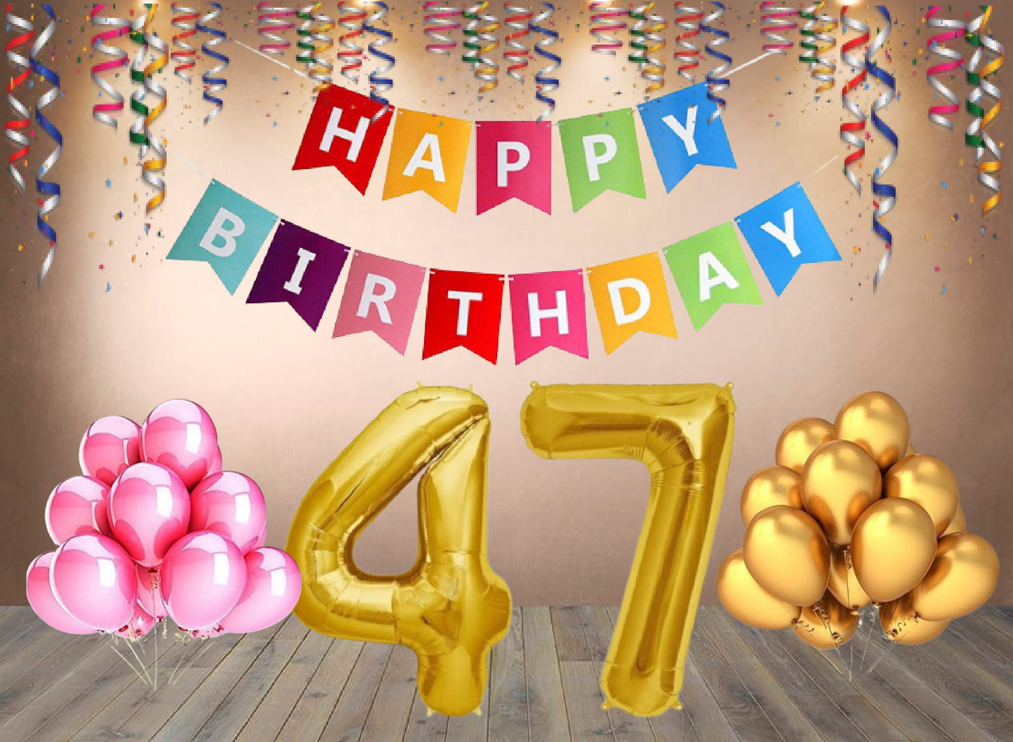 Number 47 Gold Foil Balloon and 25 Nos Pink and Gold Color Latex Balloon and Happy Birthday Banner Combo