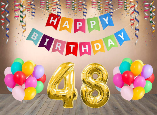 Number  48  Gold Foil Balloon and 25 Nos Multicolor Color Latex Balloon and Happy Birthday Banner Combo
