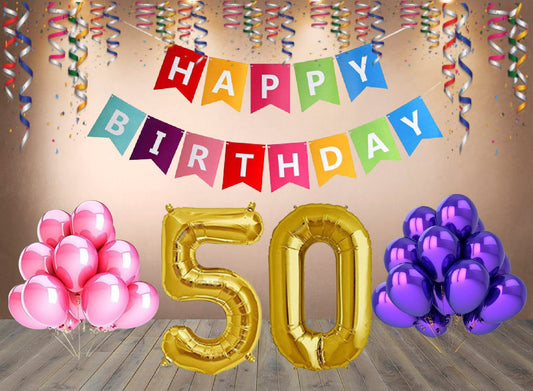 Number 50  Gold Foil Balloon and 25 Nos Pink and Purple Color Latex Balloon and Happy Birthday Banner Combo