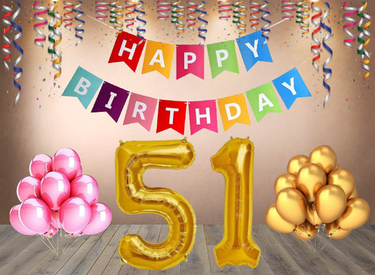 Number 51 Gold Foil Balloon and 25 Nos Pink and Gold Color Latex Balloon and Happy Birthday Banner Combo