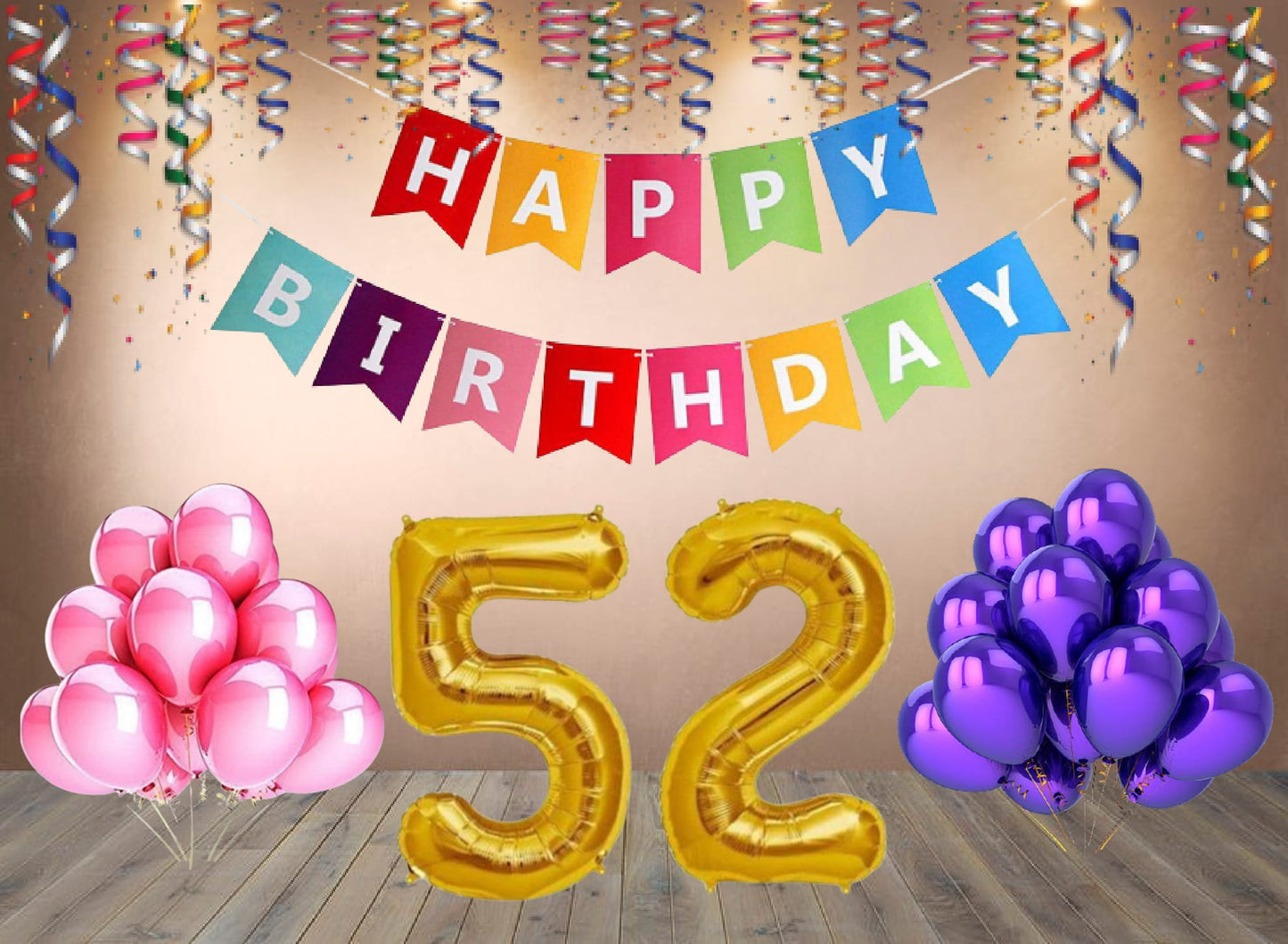 Number 52  Gold Foil Balloon and 25 Nos Pink and Purple Color Latex Balloon and Happy Birthday Banner Combo