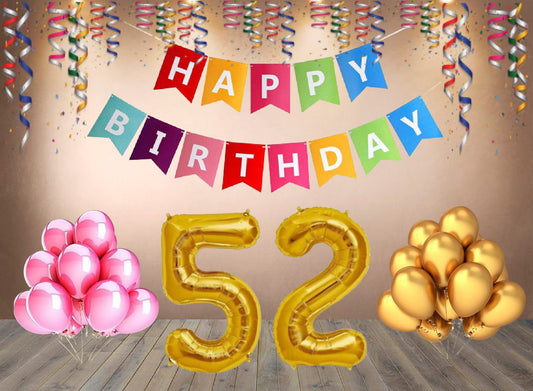 Number 52 Gold Foil Balloon and 25 Nos Pink and Gold Color Latex Balloon and Happy Birthday Banner Combo