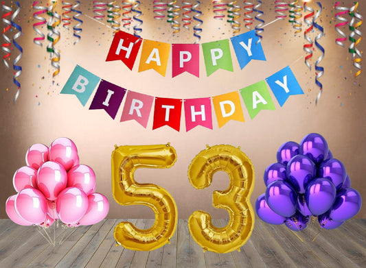 Number 53  Gold Foil Balloon and 25 Nos Pink and Purple Color Latex Balloon and Happy Birthday Banner Combo