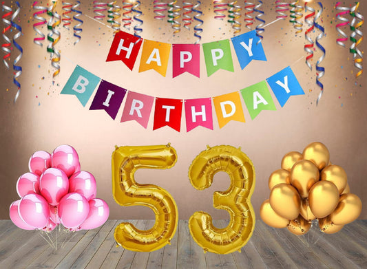 Number 53 Gold Foil Balloon and 25 Nos Pink and Gold Color Latex Balloon and Happy Birthday Banner Combo