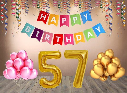 Number 57 Gold Foil Balloon and 25 Nos Pink and Gold Color Latex Balloon and Happy Birthday Banner Combo