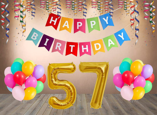 Number 57  Gold Foil Balloon and 25 Nos Multicolor Color Latex Balloon and Happy Birthday Banner Combo