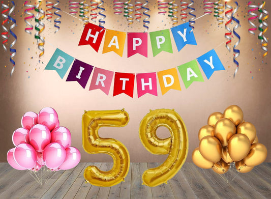 Number 59 Gold Foil Balloon and 25 Nos Pink and Gold Color Latex Balloon and Happy Birthday Banner Combo