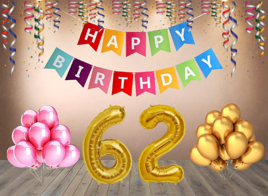 Number 62 Gold Foil Balloon and 25 Nos Pink and Gold Color Latex Balloon and Happy Birthday Banner Combo