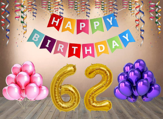 Number 62  Gold Foil Balloon and 25 Nos Pink and Purple Color Latex Balloon and Happy Birthday Banner Combo