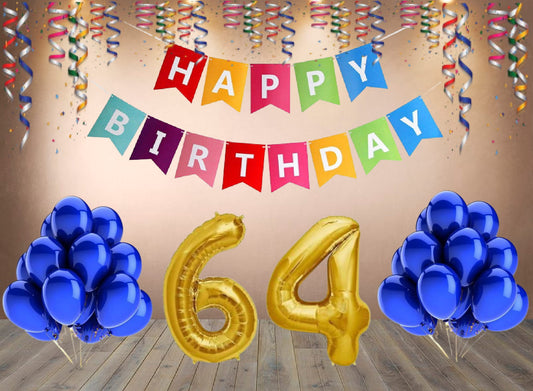 Number 64  Gold Foil Balloon and 25 Nos Blue Color Latex Balloon and Happy Birthday Banner Combo