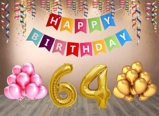 Number 64 Gold Foil Balloon and 25 Nos Pink and Gold Color Latex Balloon and Happy Birthday Banner Combo