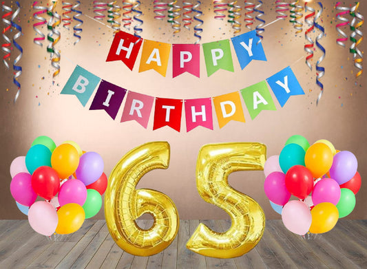 Number  65  Gold Foil Balloon and 25 Nos Multicolor Color Latex Balloon and Happy Birthday Banner Combo