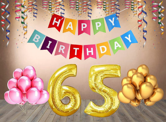Number 65 Gold Foil Balloon and 25 Nos Pink and Gold Color Latex Balloon and Happy Birthday Banner Combo