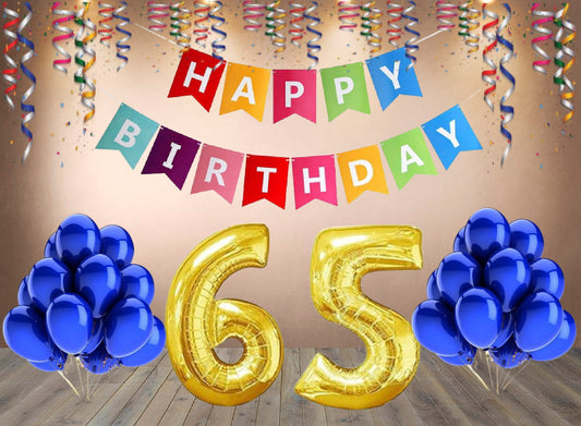 Number 65  Gold Foil Balloon and 25 Nos Blue Color Latex Balloon and Happy Birthday Banner Combo