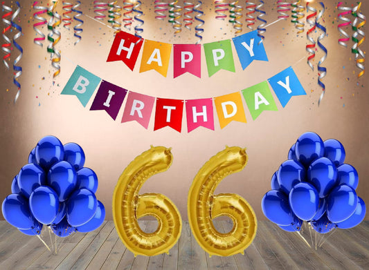 Number 66  Gold Foil Balloon and 25 Nos Blue Color Latex Balloon and Happy Birthday Banner Combo