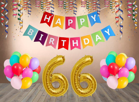 Number 66   Gold Foil Balloon and 25 Nos Multicolor Color Latex Balloon and Happy Birthday Banner Combo