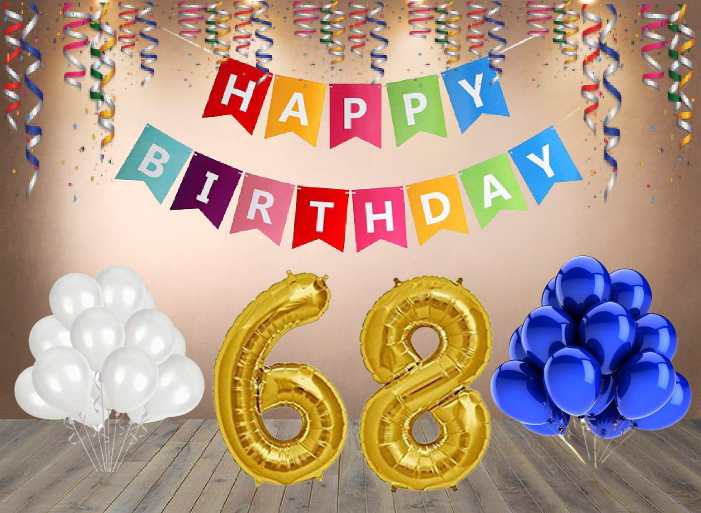 Number 68  Gold Foil Balloon and 25 Nos Blue and White Color Latex Balloon and Happy Birthday Banner Combo