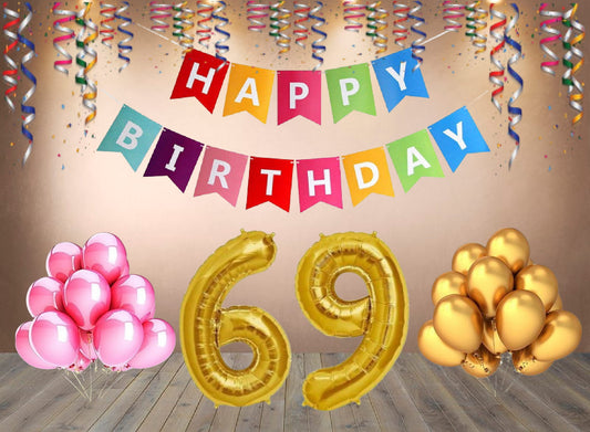 Number 69 Gold Foil Balloon and 25 Nos Pink and Gold Color Latex Balloon and Happy Birthday Banner Combo
