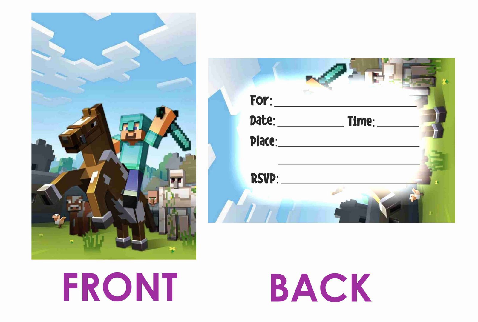 Minecraft Theme Children's Birthday Party Invitations Cards with