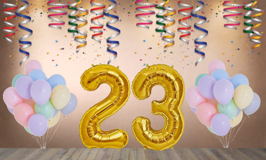 Number  23 Gold Foil Balloon and 25 Nos Pastel Color Latex Balloon Combo