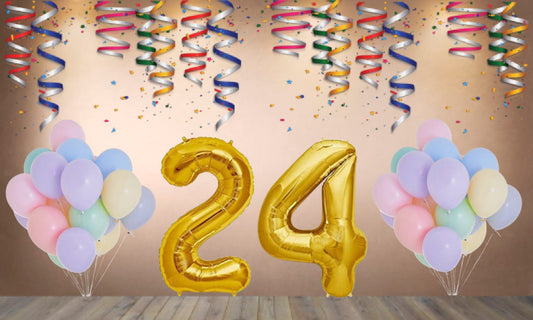 Number 24  Gold Foil Balloon and 25 Nos Pastel Color Latex Balloon Combo