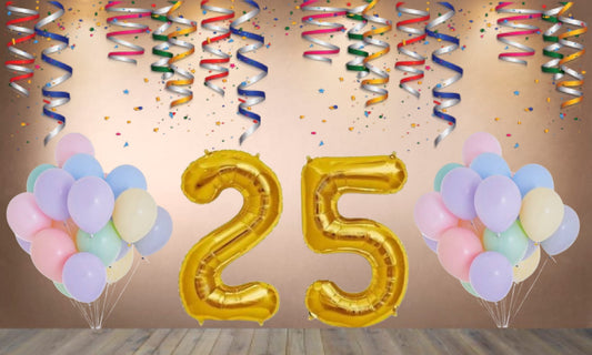 Number 25 Gold Foil Balloon and 25 Nos Pastel Color Latex Balloon Combo