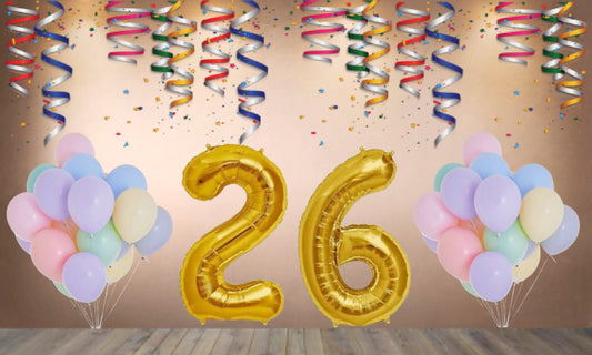 Number 26  Gold Foil Balloon and 25 Nos Pastel Color Latex Balloon Combo