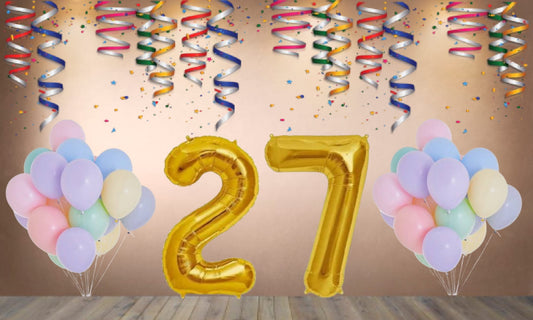 Number  27 Gold Foil Balloon and 25 Nos Pastel Color Latex Balloon Combo