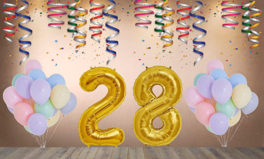 Number 28  Gold Foil Balloon and 25 Nos Pastel Color Latex Balloon Combo