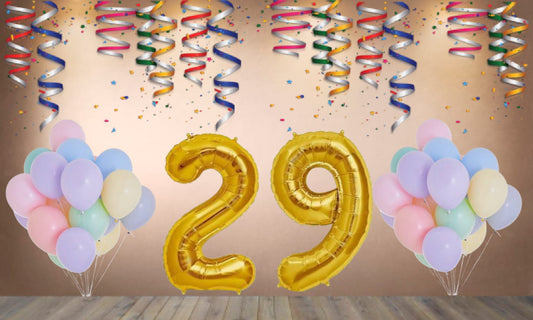 Number 29  Gold Foil Balloon and 25 Nos Pastel Color Latex Balloon Combo