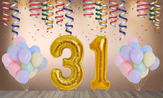 Number 31  Gold Foil Balloon and 25 Nos Pastel Color Latex Balloon Combo