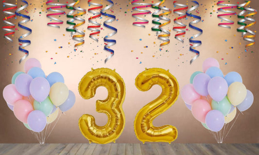 Number  32 Gold Foil Balloon and 25 Nos Pastel Color Latex Balloon Combo
