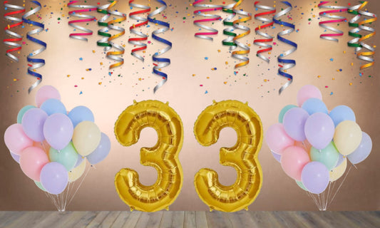 Number 33  Gold Foil Balloon and 25 Nos Pastel Color Latex Balloon Combo