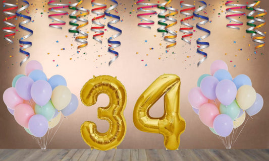Number 34  Gold Foil Balloon and 25 Nos Pastel Color Latex Balloon Combo