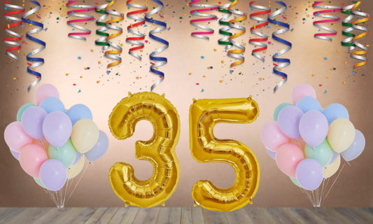 Number 35  Gold Foil Balloon and 25 Nos Pastel Color Latex Balloon Combo