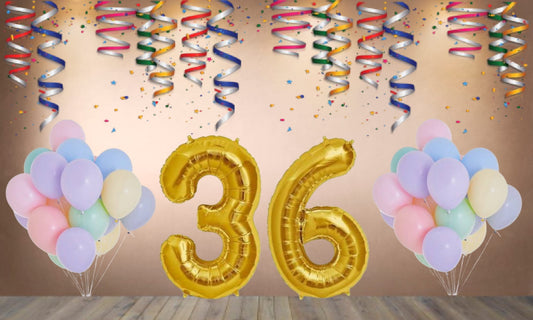 Number  36 Gold Foil Balloon and 25 Nos Pastel Color Latex Balloon Combo