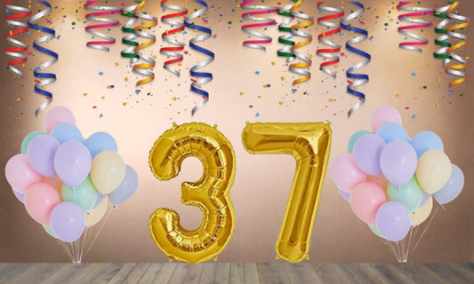 Number  37 Gold Foil Balloon and 25 Nos Pastel Color Latex Balloon Combo