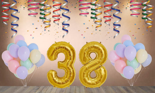 Number 38  Gold Foil Balloon and 25 Nos Pastel Color Latex Balloon Combo