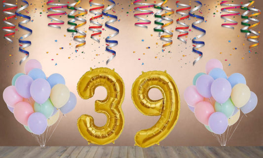 Number 39  Gold Foil Balloon and 25 Nos Pastel Color Latex Balloon Combo