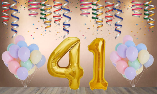 Number 41  Gold Foil Balloon and 25 Nos Pastel Color Latex Balloon Combo