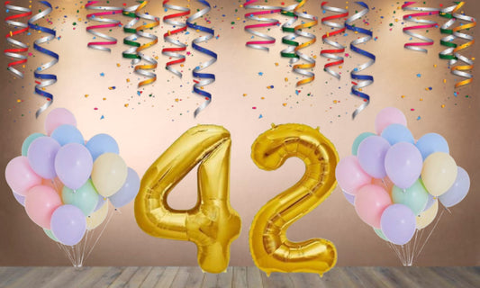 Number 42  Gold Foil Balloon and 25 Nos Pastel Color Latex Balloon Combo