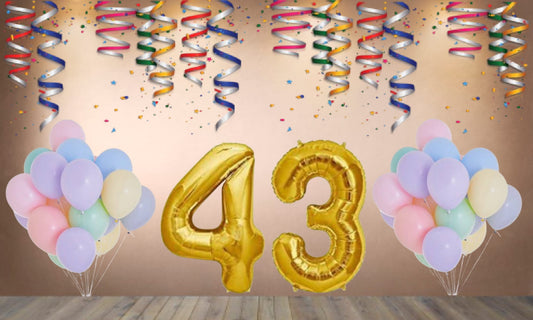 Number 43  Gold Foil Balloon and 25 Nos Pastel Color Latex Balloon Combo