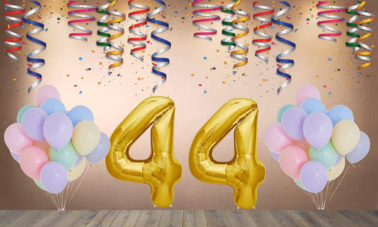 Number 44  Gold Foil Balloon and 25 Nos Pastel Color Latex Balloon Combo