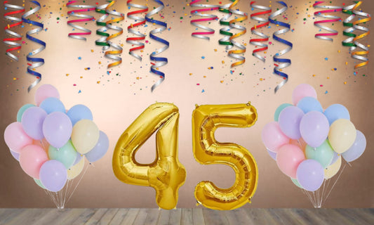 Number 45  Gold Foil Balloon and 25 Nos Pastel Color Latex Balloon Combo