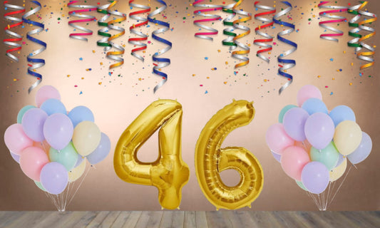 Number 46  Gold Foil Balloon and 25 Nos Pastel Color Latex Balloon Combo