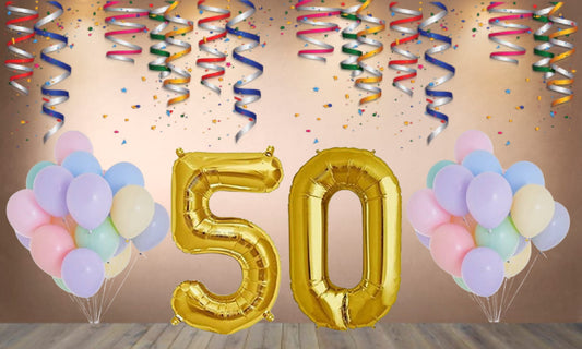 Number  50 Gold Foil Balloon and 25 Nos Pastel Color Latex Balloon Combo